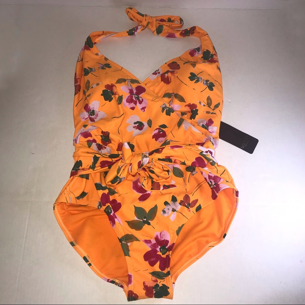 Rachel Roy Swimsuit One-Piece Floral on Orange Sunrise Halter Top Sz L NWT